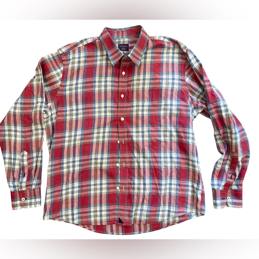 UNTUCKit Men's XL Red &‎ Blue Plaid Long Sleeve 100% Cotton Button Up Shirt